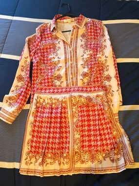 Women’s Red and Cream Printed Button-Front Shirt & Skirt Set